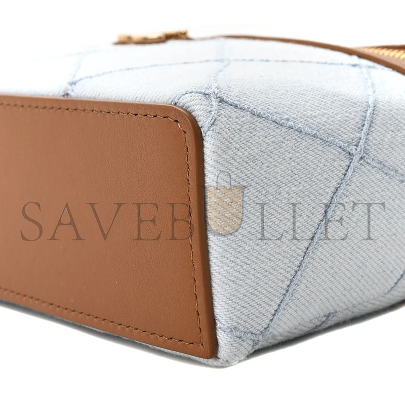 CHANEL MASTER WASHED DENIM CALFSKIN QUILTED TOP HANDLE SLIM VANITY CASE WITH CHAIN BLUE BROWN AP5164 (19.5*17*5cm)